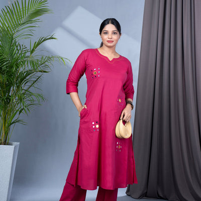 Hand Mirror Work Solid Cotton Kurta Pant Set - Magenta