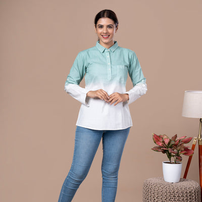 Solid Cotton Linen Shirt Style Tunic - Green