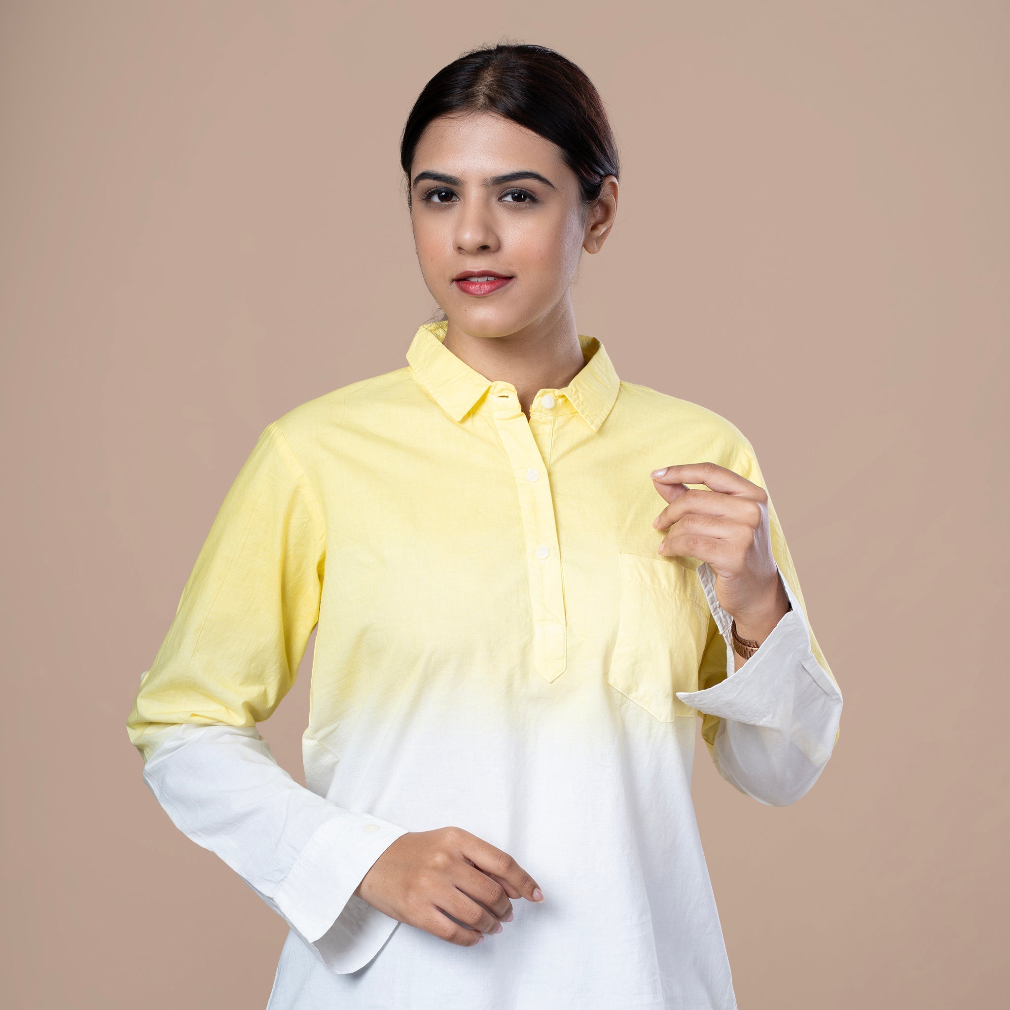 Solid Cotton Linen Shirt Style Tunic - Yellow