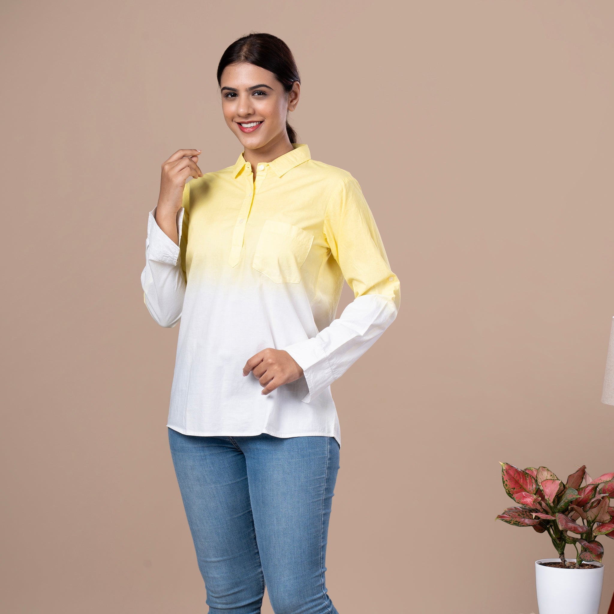 Solid Cotton Linen Shirt Style Tunic - Yellow