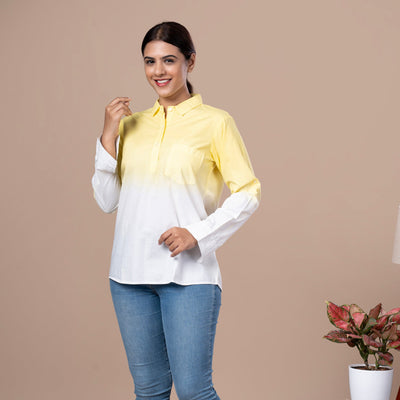 Solid Cotton Linen Shirt Style Tunic - Yellow