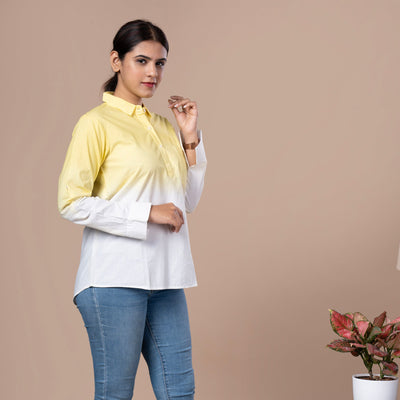 Solid Cotton Linen Shirt Style Tunic - Yellow