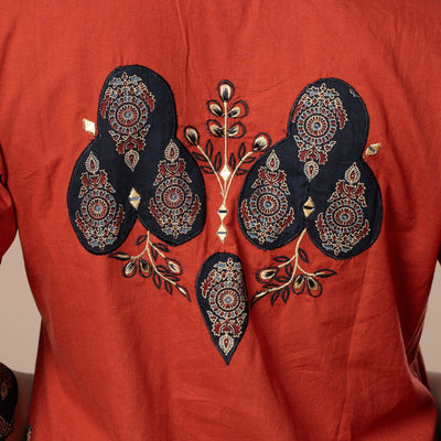 Ajrakh Cotton Kurta Pant Dupatta Set - Rust