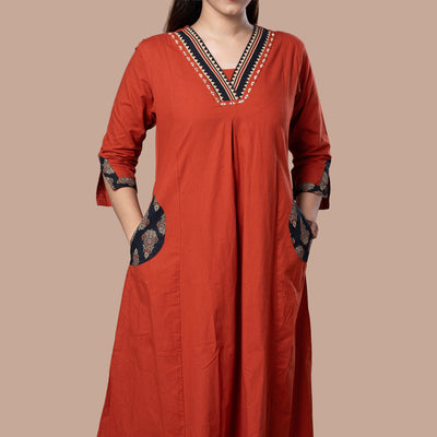 Ajrakh Cotton Kurta Pant Dupatta Set - Rust