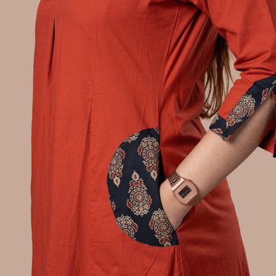 Ajrakh Cotton Kurta Pant Dupatta Set - Rust