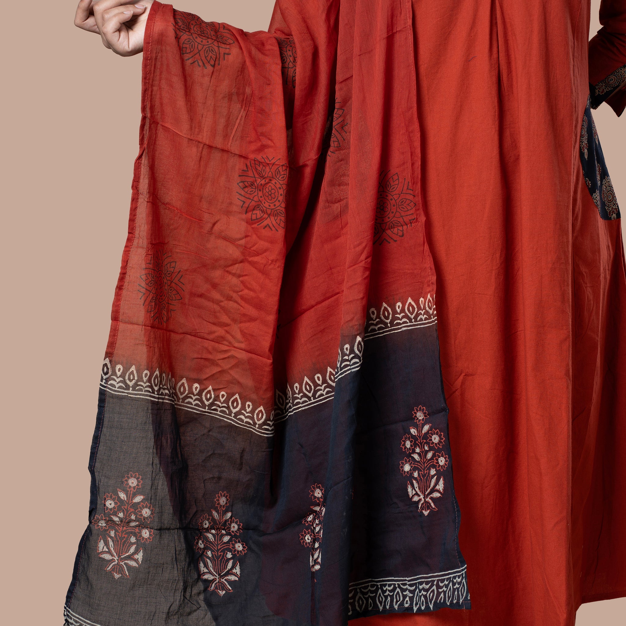 Ajrakh Cotton Kurta Pant Dupatta Set - Rust