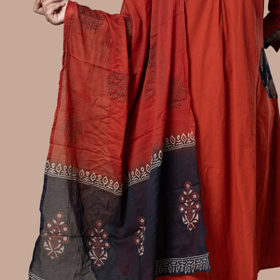Ajrakh Cotton Kurta Pant Dupatta Set - Rust