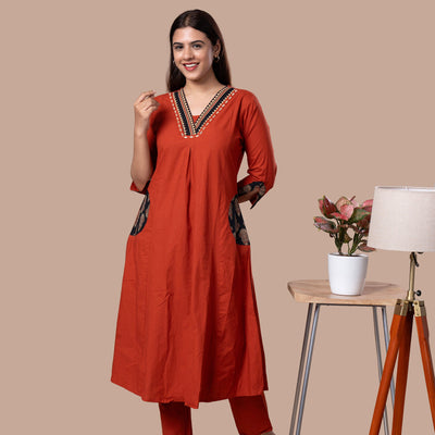 Ajrakh Cotton Kurta Pant Dupatta Set - Rust
