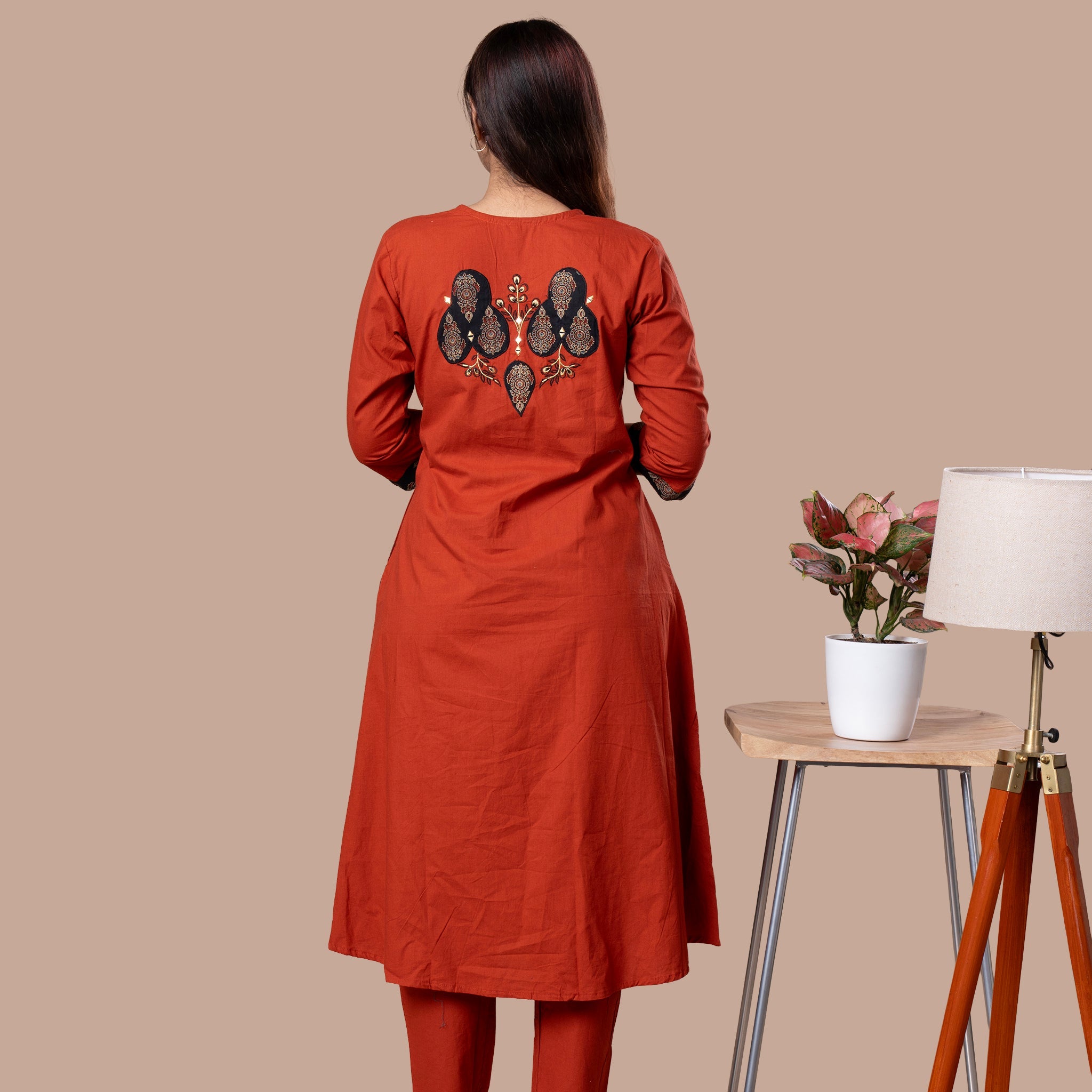 Ajrakh Cotton Kurta Pant Dupatta Set - Rust