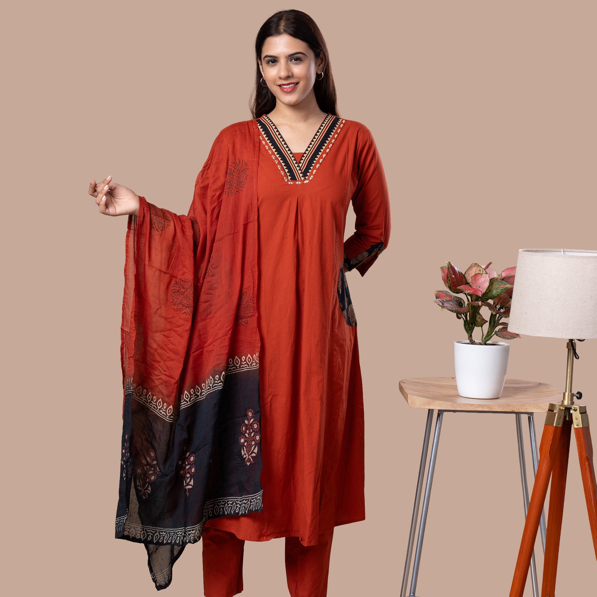 Ajrakh Cotton Kurta Pant Dupatta Set - Rust