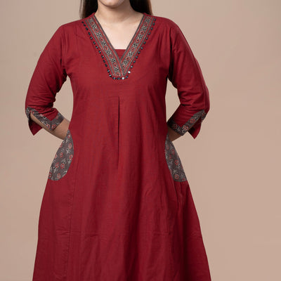 Ajrakh Cotton Kurta Pant Dupatta Set - Maroon