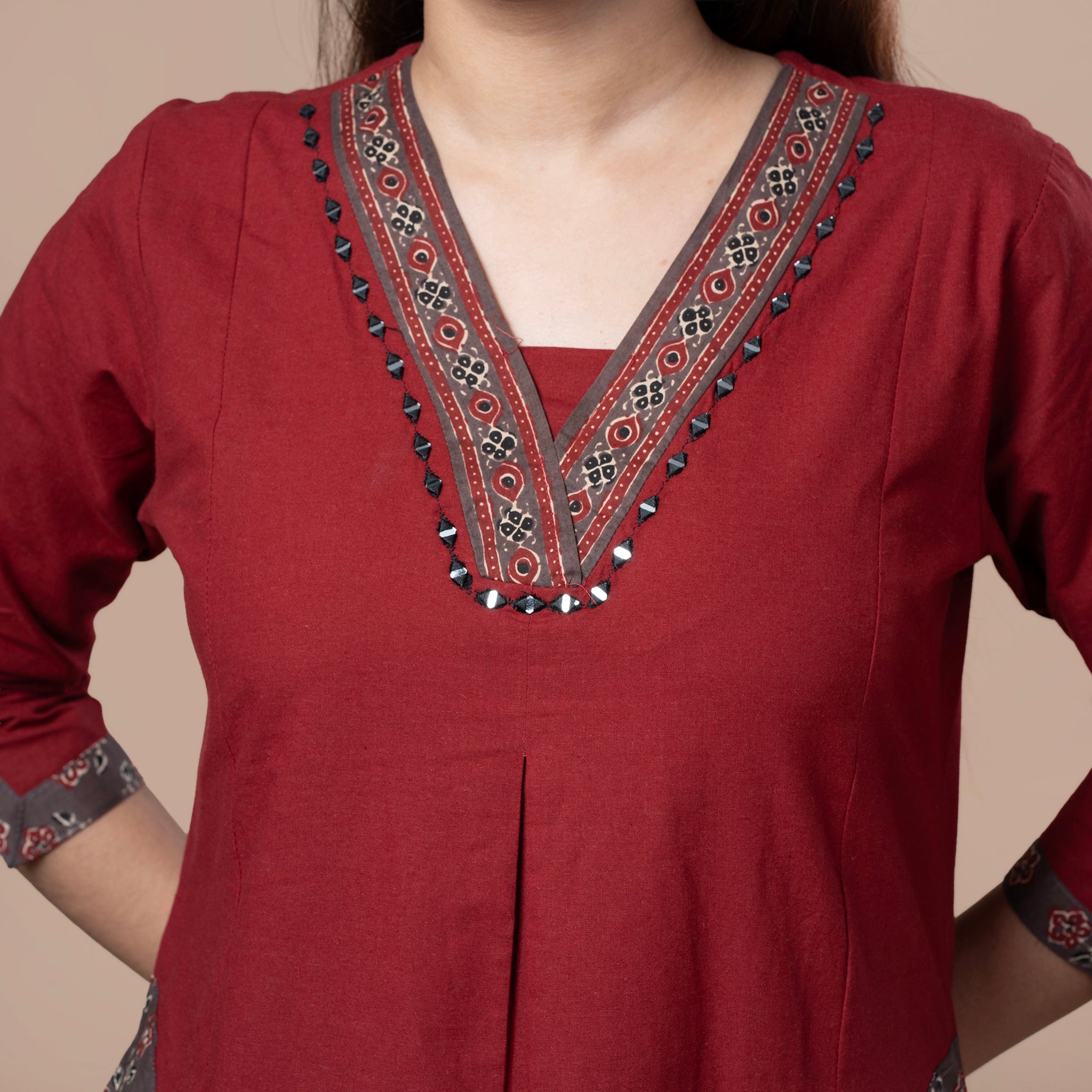 Ajrakh Cotton Kurta Pant Dupatta Set - Maroon