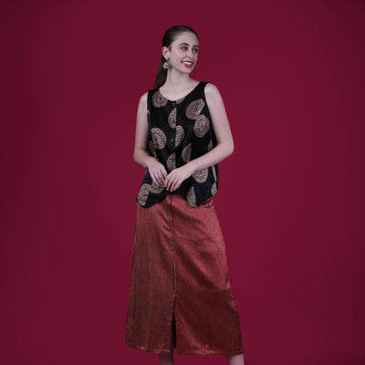 Buy Ajrakh Mashru Silk Skirt And Top in Red and Black – Tvahra