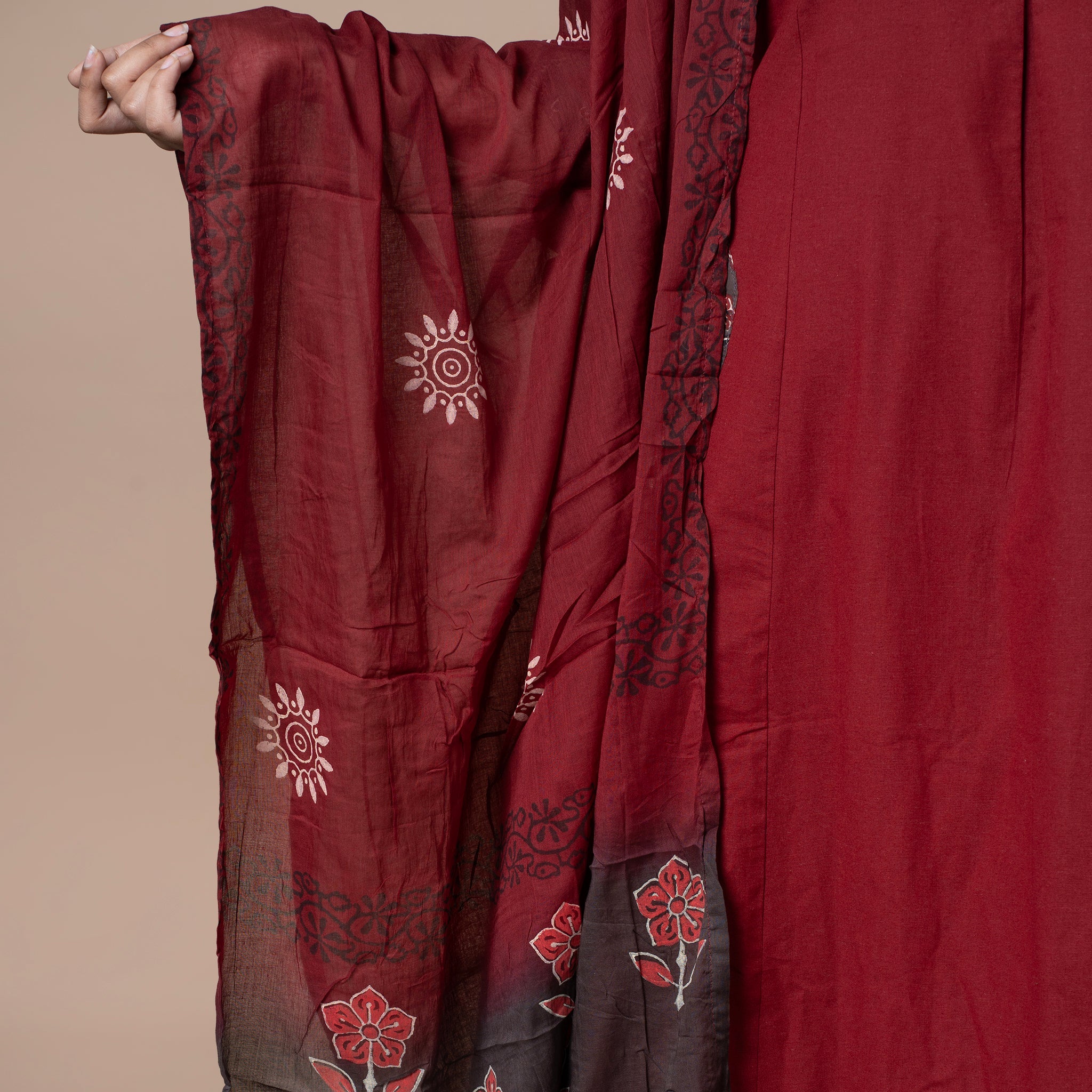 Ajrakh Cotton Kurta Pant Dupatta Set - Maroon