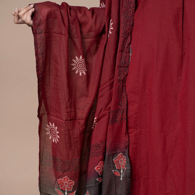 Ajrakh Cotton Kurta Pant Dupatta Set - Maroon