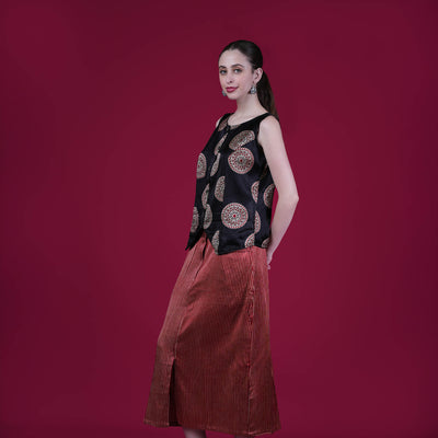 Buy Ajrakh Mashru Silk Skirt And Top in Red and Black – Tvahra