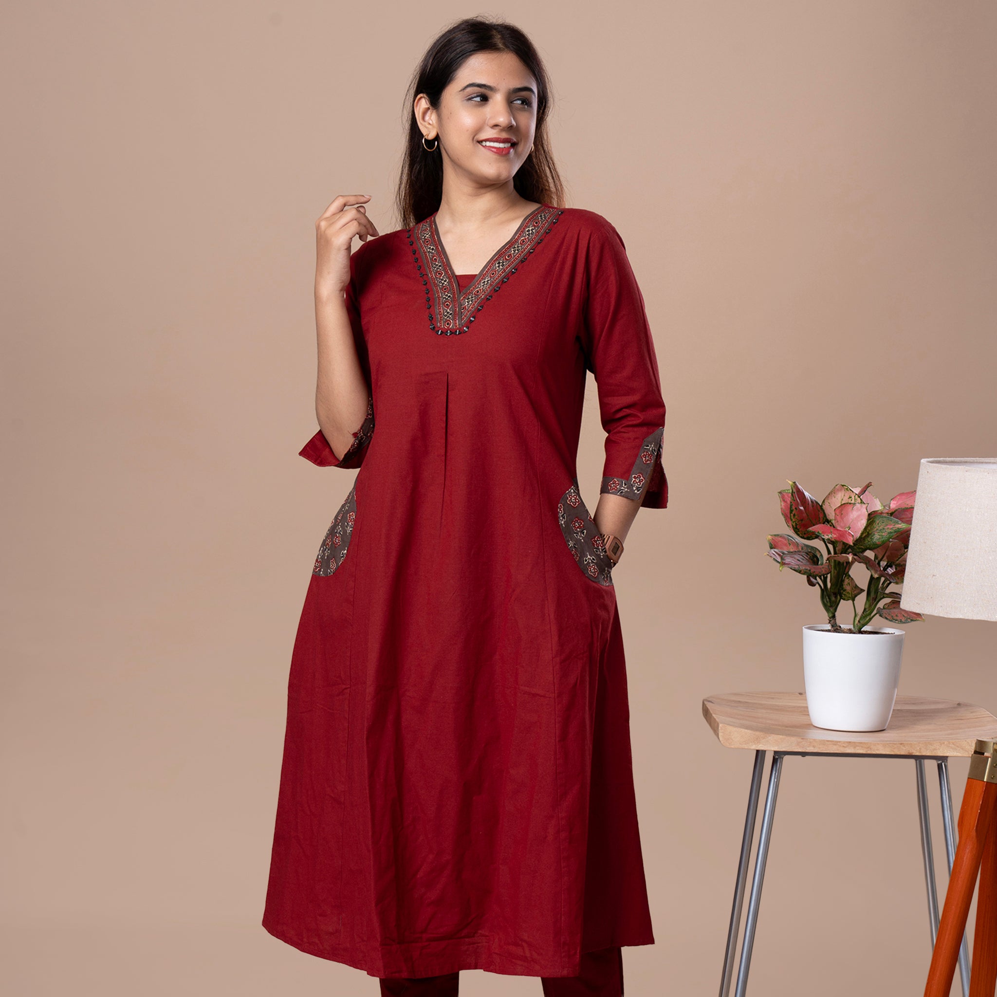 Ajrakh Cotton Kurta Pant Dupatta Set