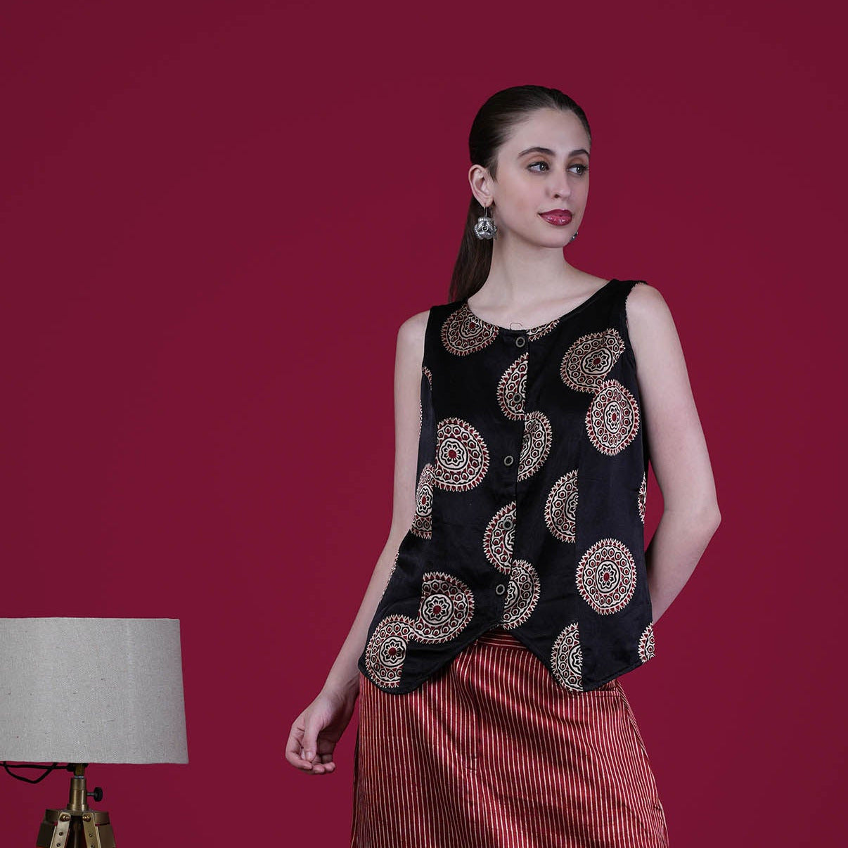 Buy Ajrakh Mashru Silk Skirt And Top in Red and Black – Tvahra