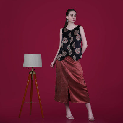 Ajrakh Mashru Silk Skirt Top Set