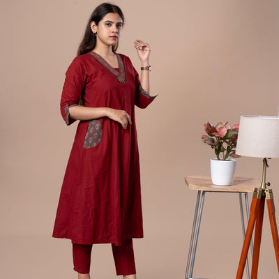 Ajrakh Cotton Kurta Pant Dupatta Set - Maroon