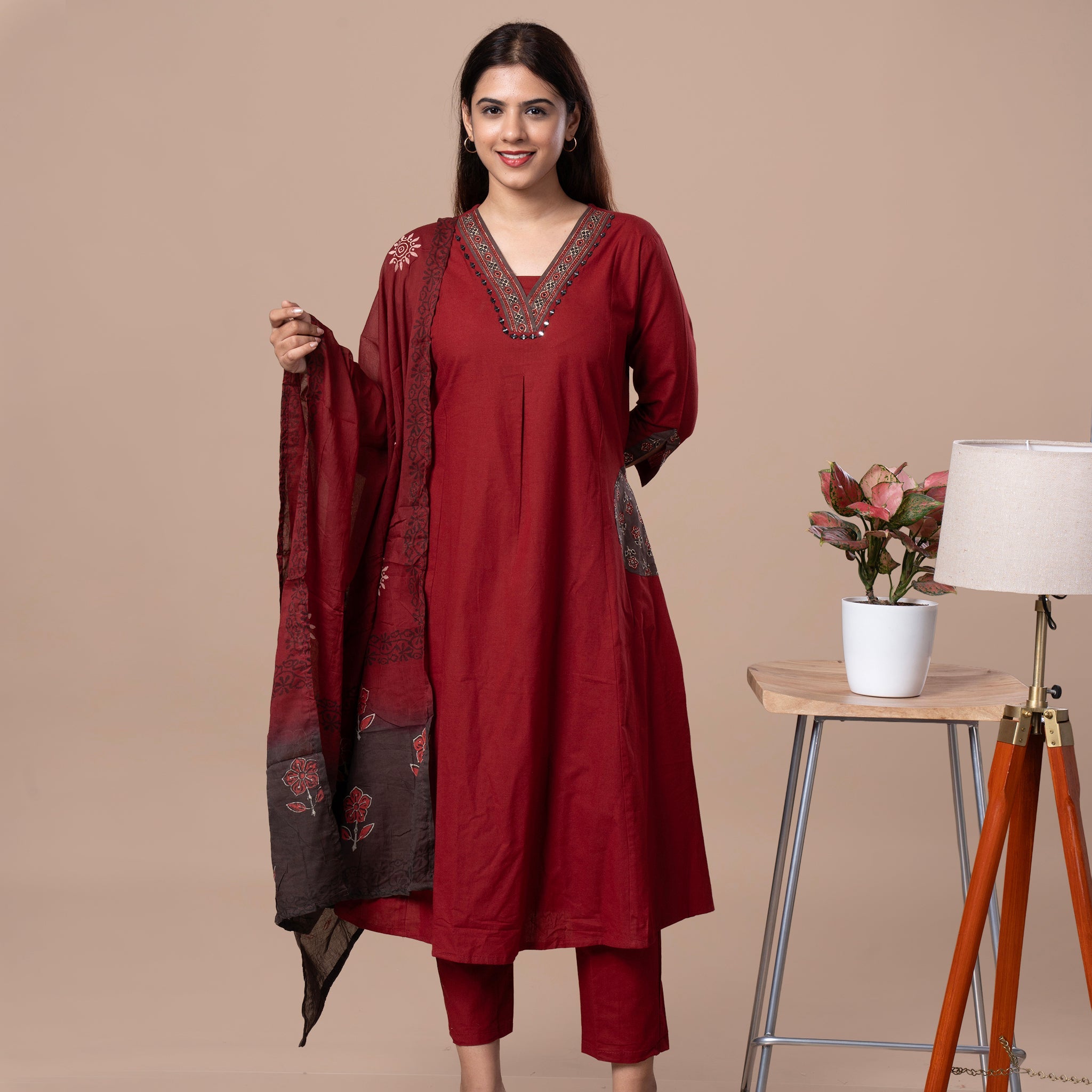 Ajrakh Cotton Kurta Pant Dupatta Set - Maroon