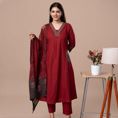 Ajrakh Cotton Kurta Pant Dupatta Set - Maroon