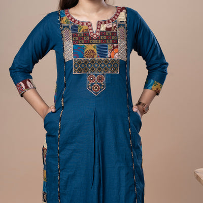 Ajrakh Patchwork Cotton Kurta Pant Dupatta Set