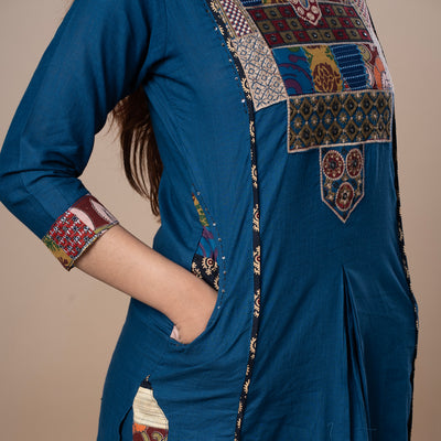 Ajrakh Patchwork Cotton Kurta Pant Dupatta Set