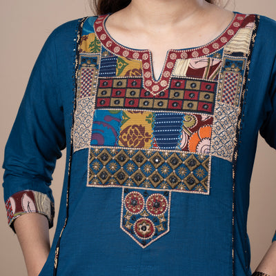 Ajrakh Patchwork Cotton Kurta Pant Dupatta Set