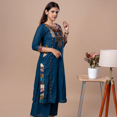 Ajrakh Patchwork Cotton Kurta Pant Dupatta Set