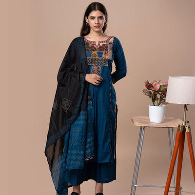 Ajrakh Patchwork Cotton Kurta Pant Dupatta Set