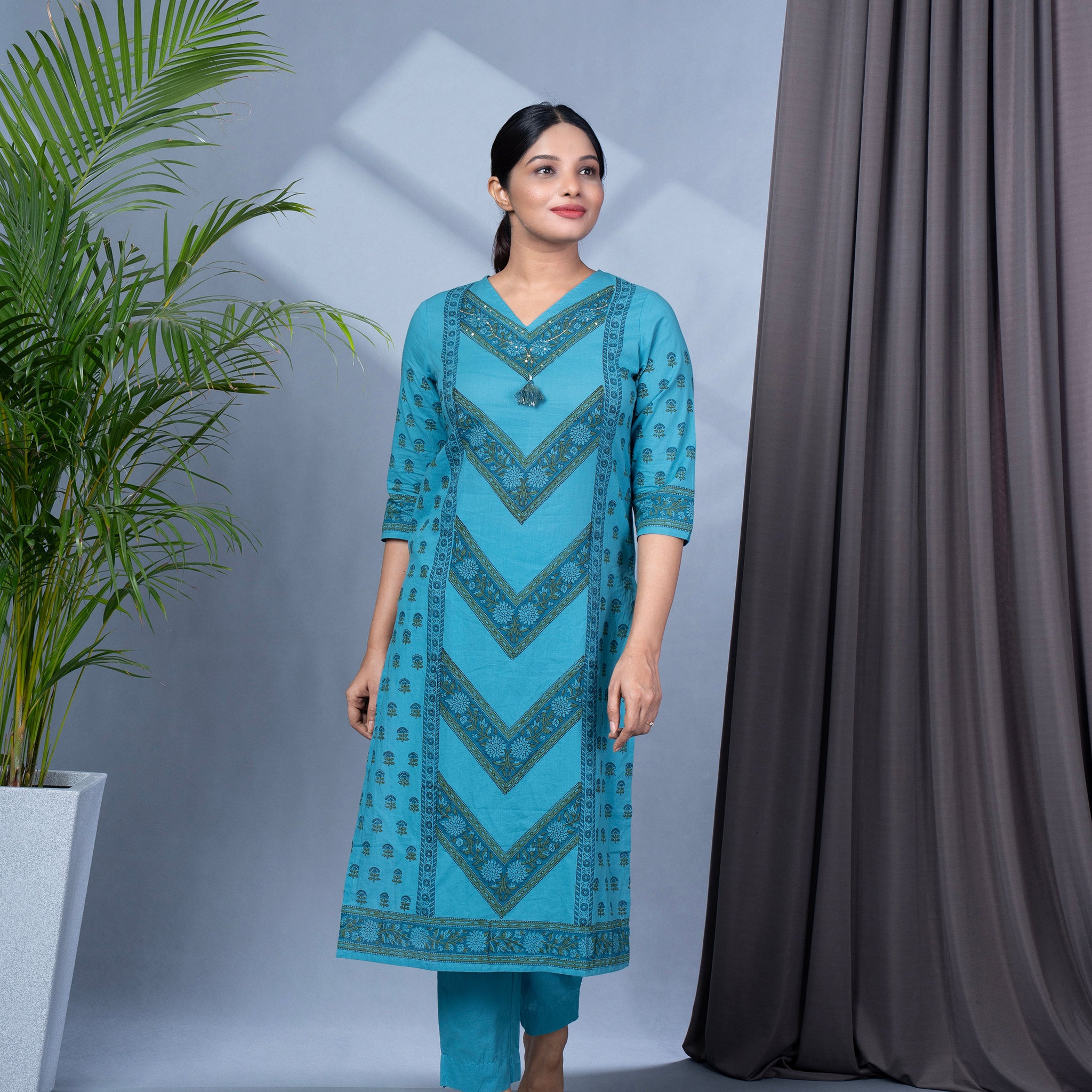 Jaipur Cotton Block Print Kurta Pant Dupatta Set