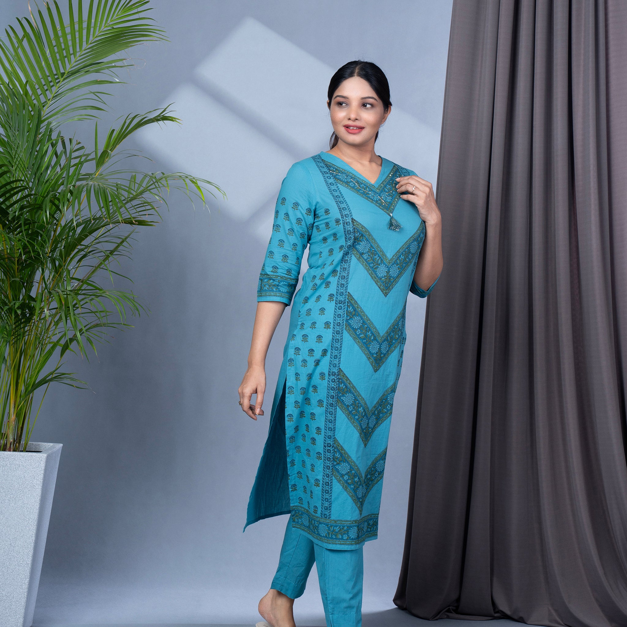 Jaipur Cotton Block Print Kurta Pant Dupatta Set