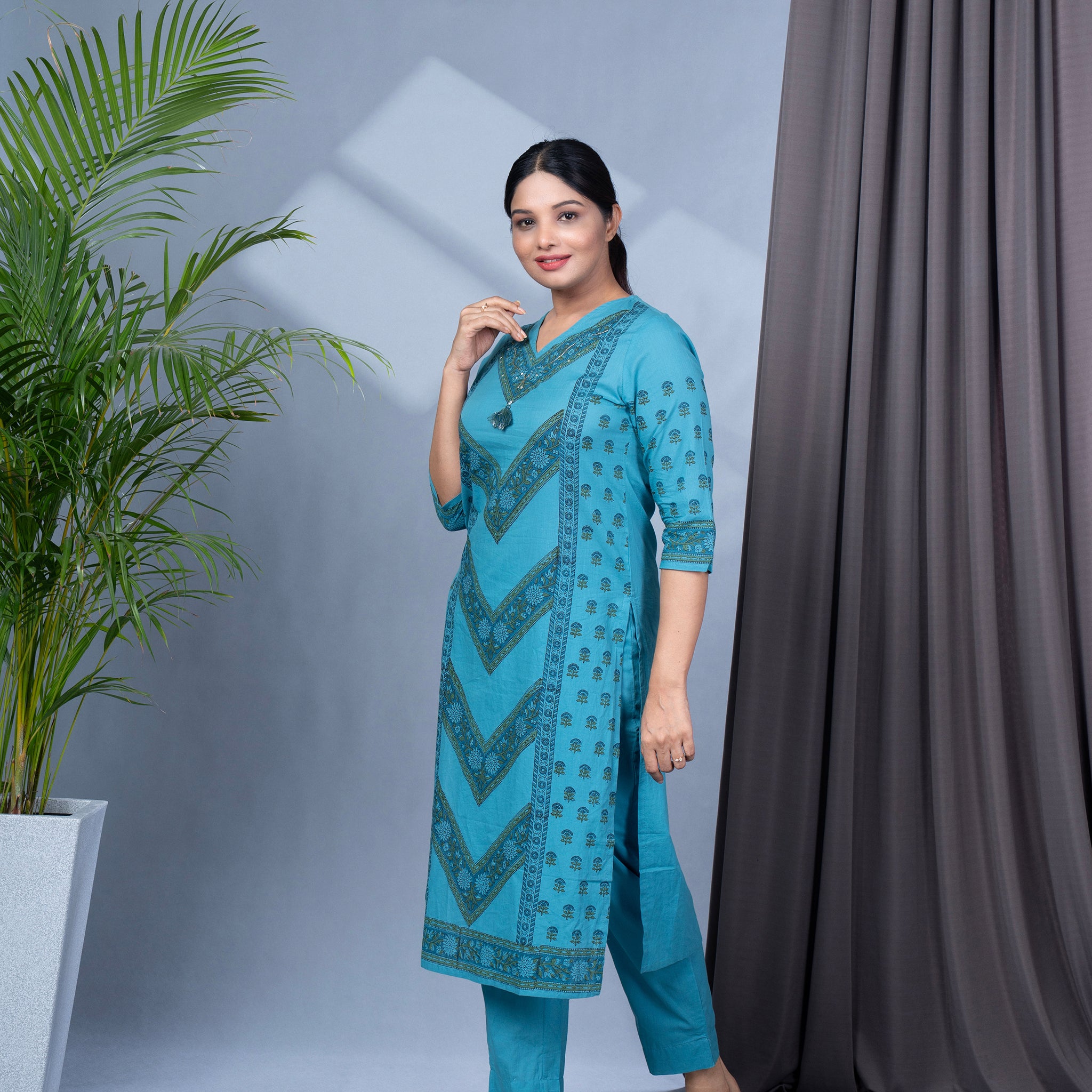 Jaipur Cotton Block Print Kurta Pant Dupatta Set