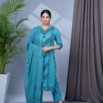 Jaipur Cotton Block Print Kurta Pant Dupatta Set