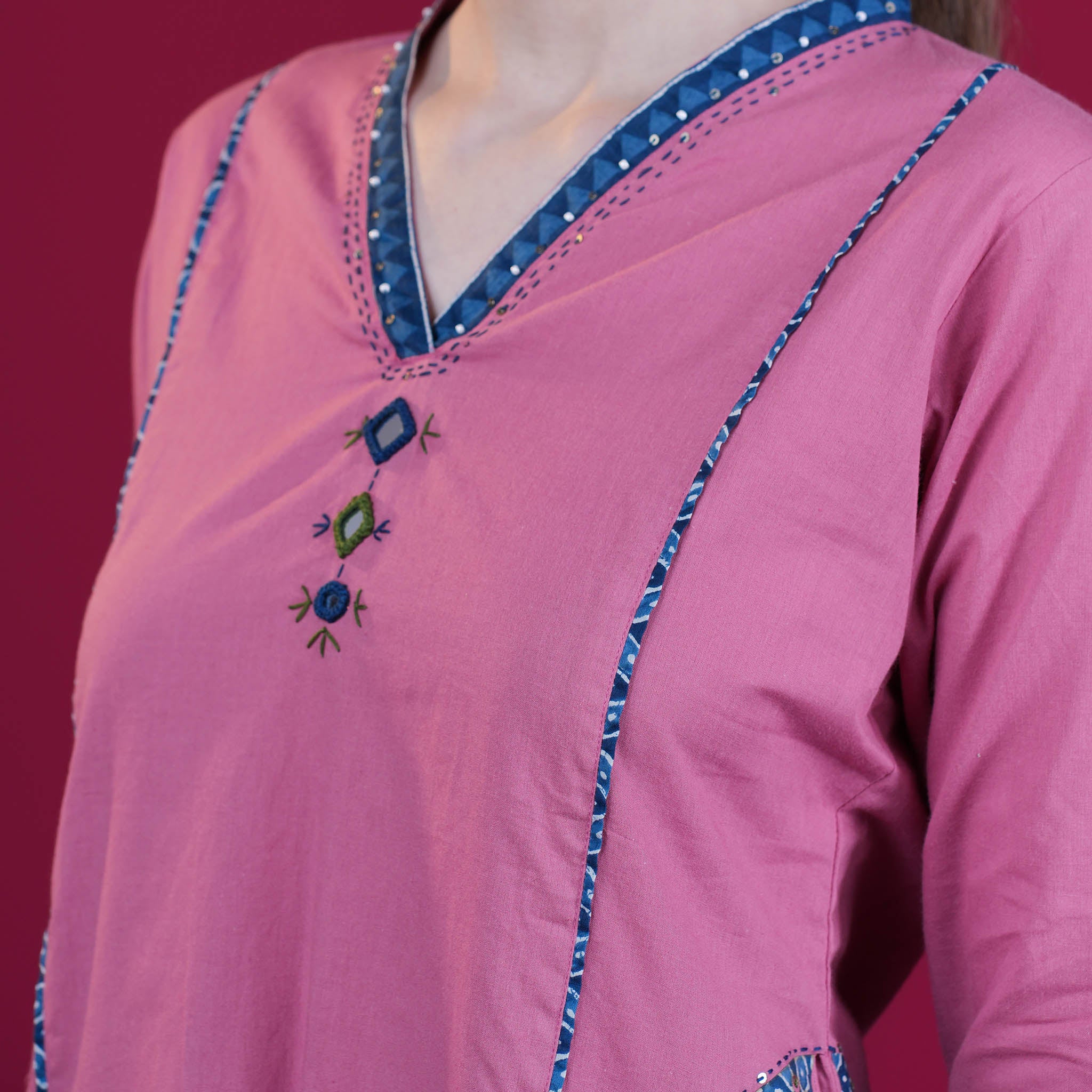 Hand-Block Cotton Panel Kurta Pant Dupatta Set