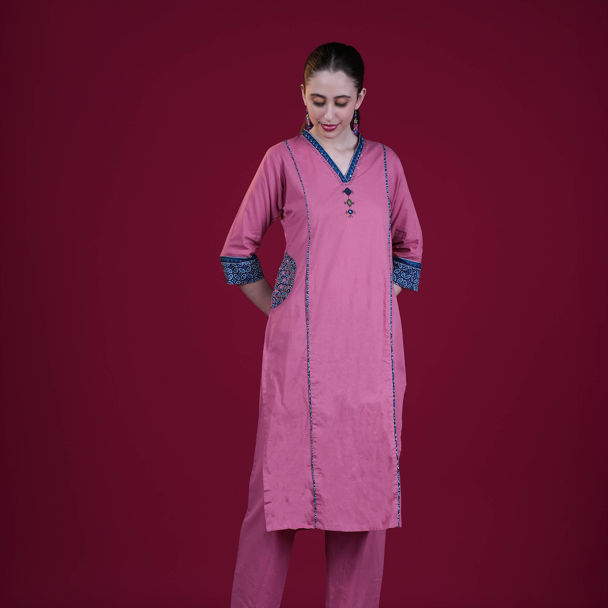 Hand-Block Cotton Panel Kurta Pant Dupatta Set