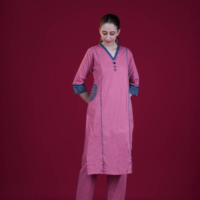 Hand-Block Cotton Panel Kurta Pant Dupatta Set