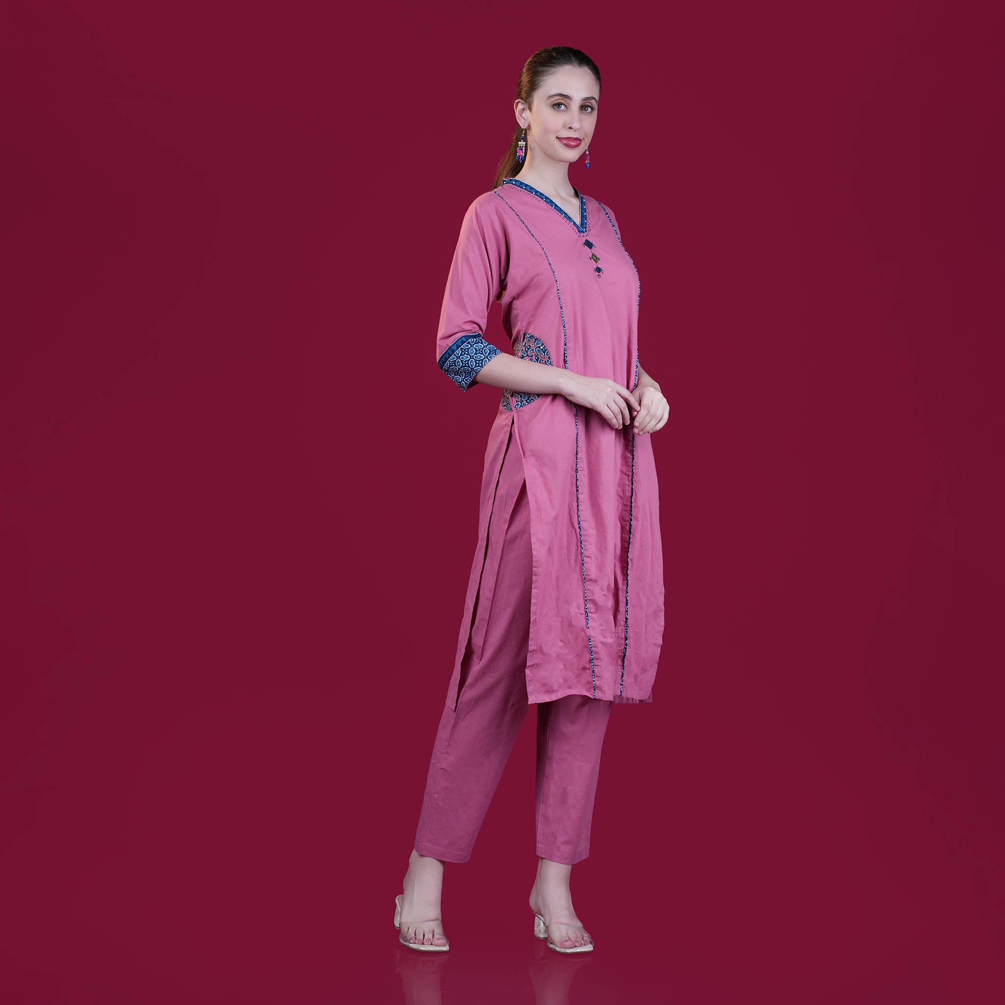 Hand-Block Cotton Panel Kurta Pant Dupatta Set