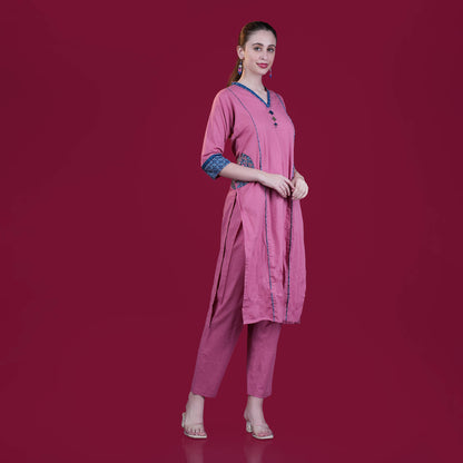 Hand-Block Cotton Panel Kurta Pant Dupatta Set