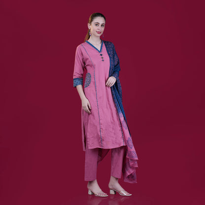 Hand-Block Cotton Panel Kurta Pant Dupatta Set