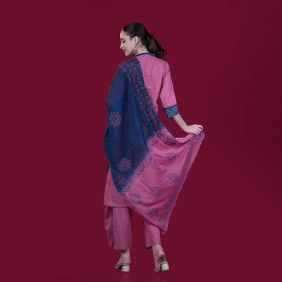Hand-Block Cotton Panel Kurta Pant Dupatta Set