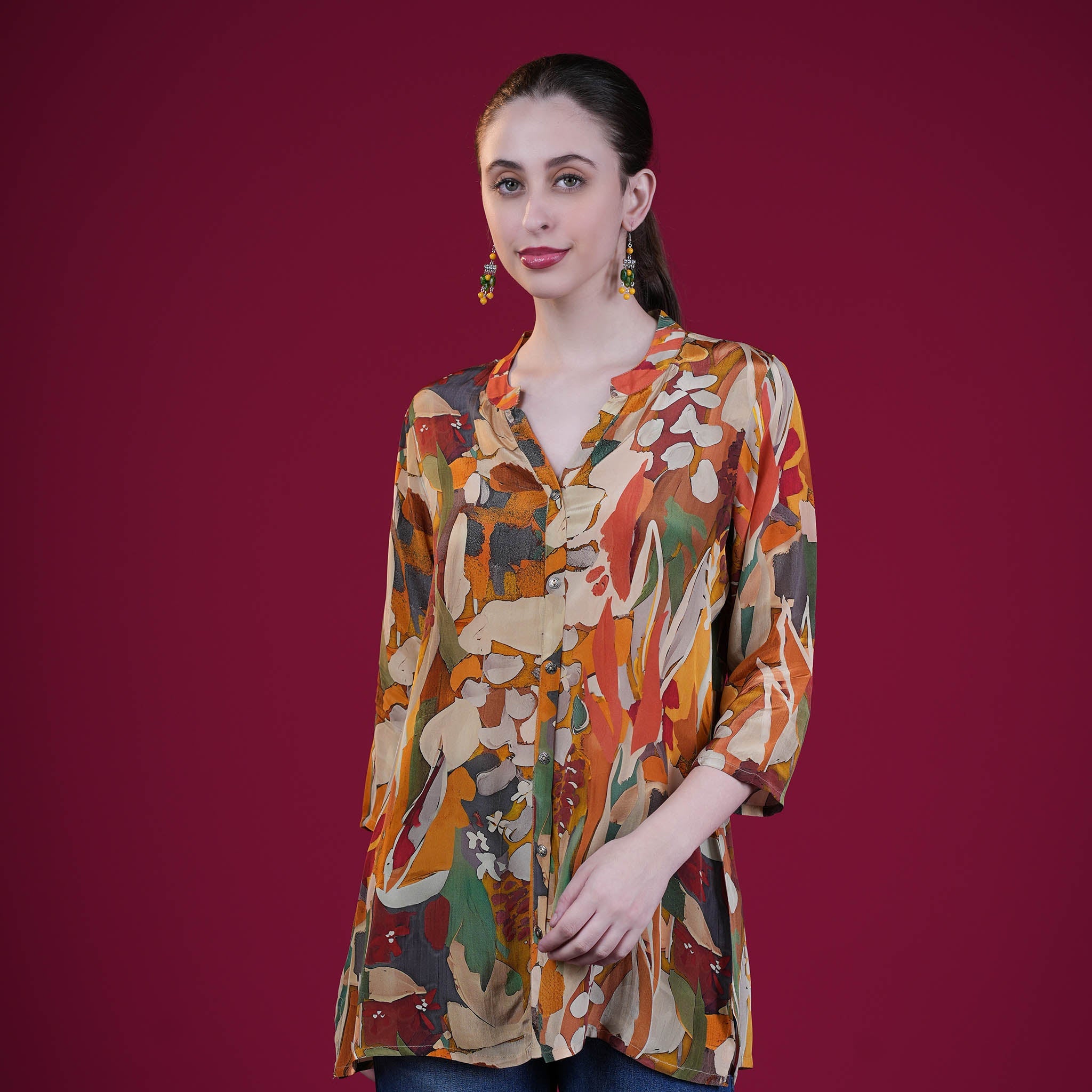 Digital Natural Crepe Silk Tunic - Mustard