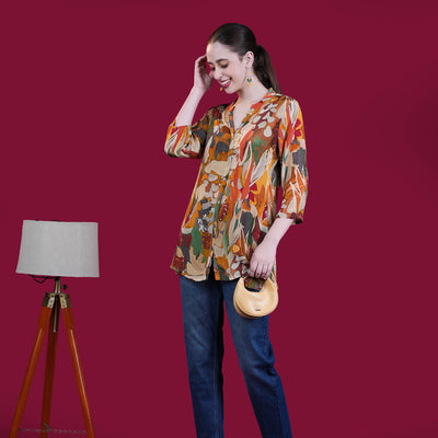 Digital Natural Crepe Silk Tunic - Mustard