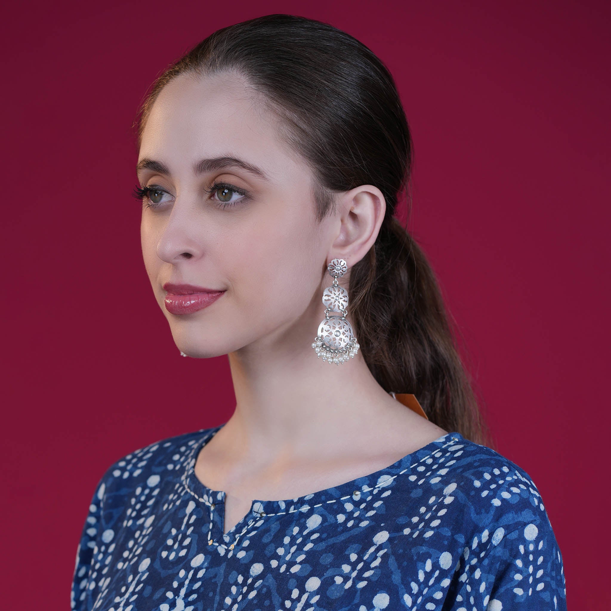 Ethnic Silver Look Alike Dangler Earring