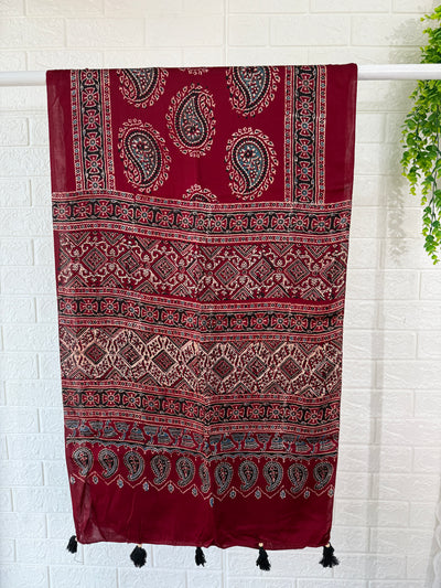 Ajrakh Modal Silk Stole - Maroon