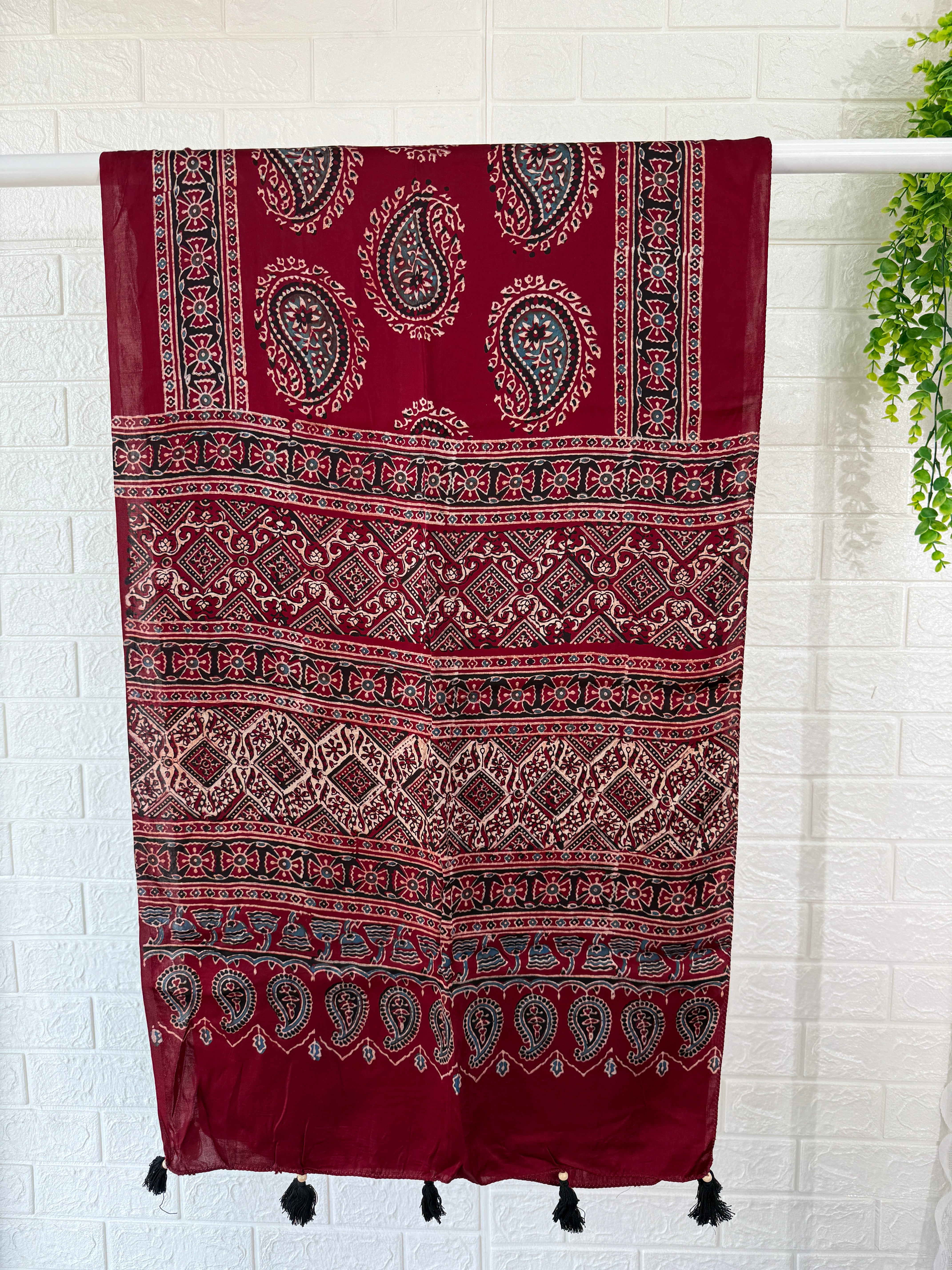 Ajrakh Modal Silk Stole - Maroon