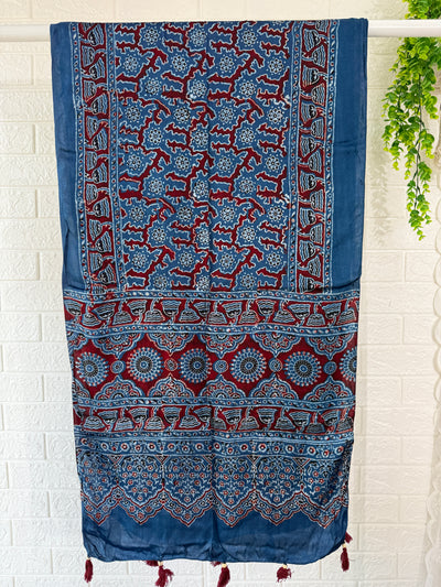 Ajrakh Modal Silk Stole - Blue