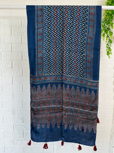 Ajrakh Modal Silk Stole - Indigo