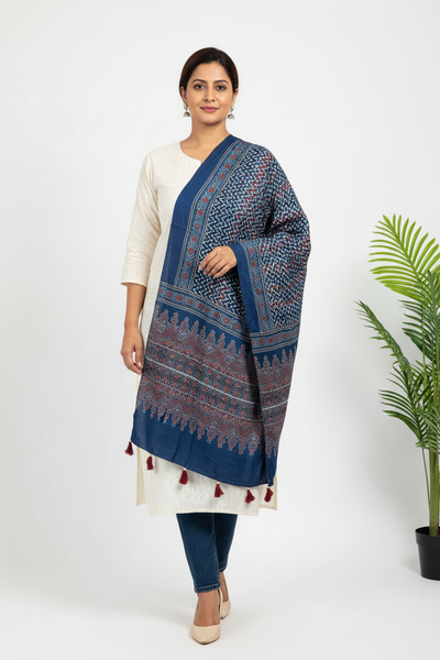 Ajrakh Modal Silk Stole - Indigo